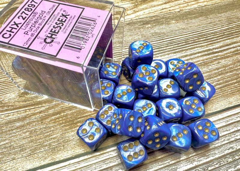 Chessex Lustrous Purple/gold 12mm d6 Dice Block (36 dice)