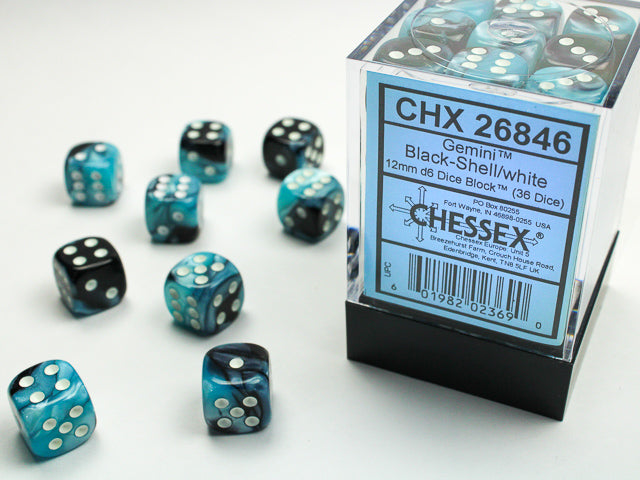 Chessex Dados D6 Gemini – 36 Dados De 12 Mm En Negro/Gris Con Números Verdes