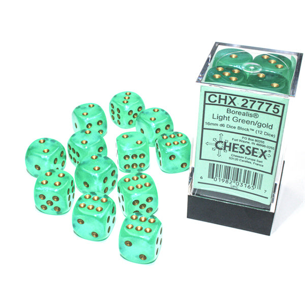 Chessex 16mm 12d6 Borealis Luminary: Light Green/Gold