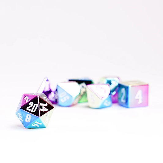 Rainbow Aegis w/ White Numbers 16mm Aluminum Plated Acrylic Poly Dice Set