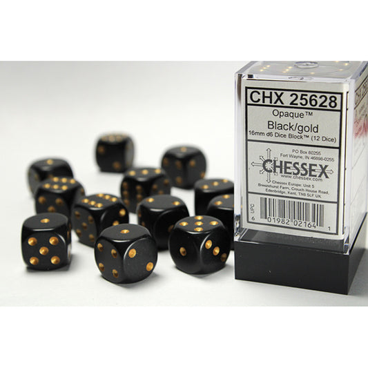 Chessex 16mm 12d6 Opaque: Black/Gold