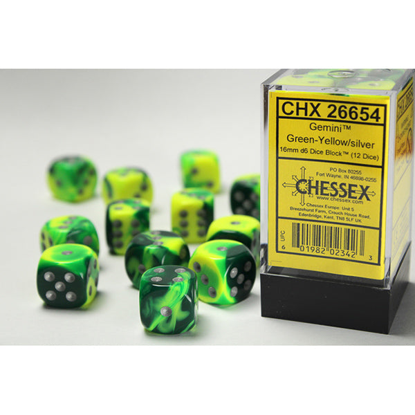 Chessex 16mm 12d6 Gemini: Green-Yellow/Silver