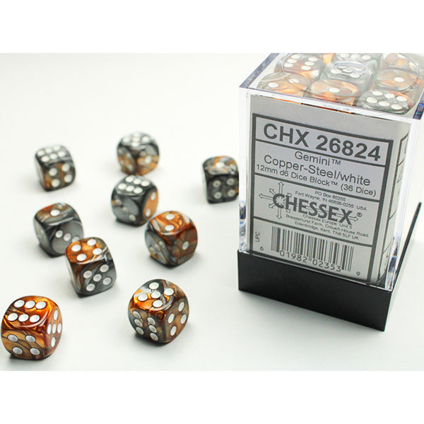 Chessex 12mm 36d6 Gemini: Copper-Steel/White