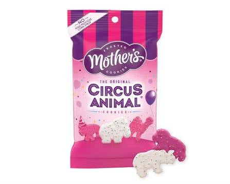 A 3 oz bag of Mother's Brand 'The Original Circus Animal Cookies' on a white background, with two animal-shaped cookies (a white unicorn and a pink zebra) displayed in front of the packaging.